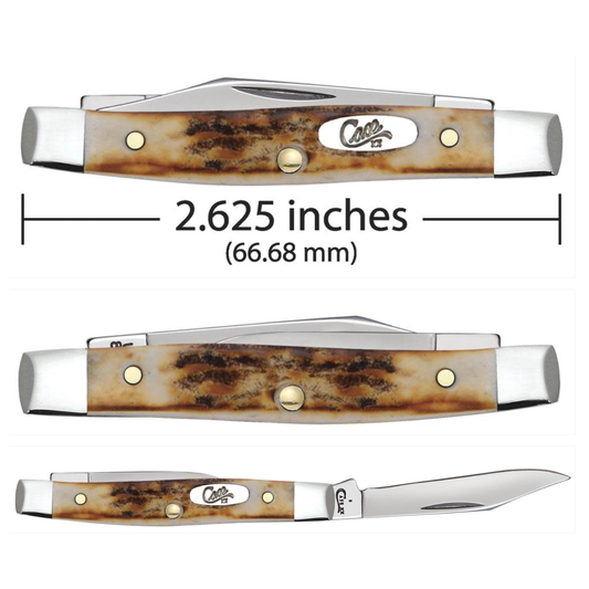 Case knife with staghorn handle and measurements on a white background