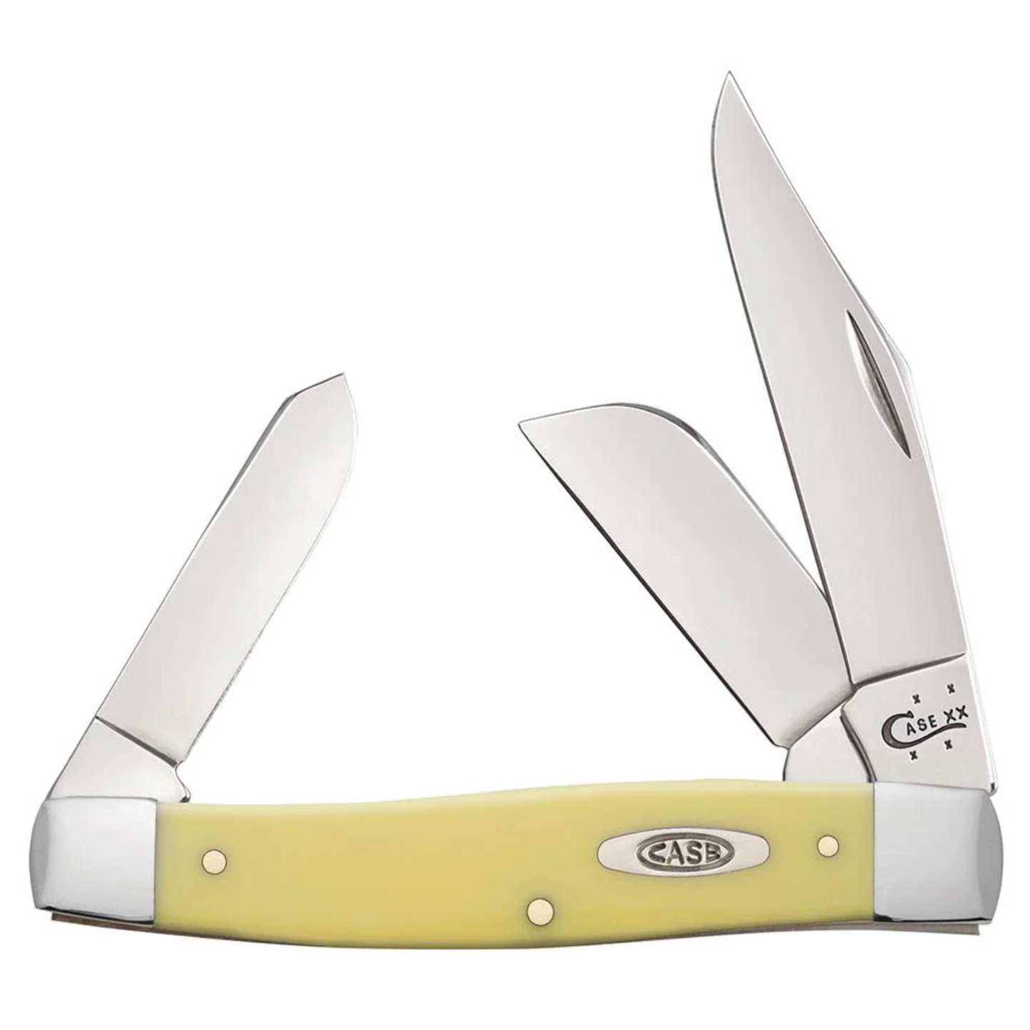 Three-pronged knife with yellow handle and silver blades on a white background