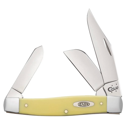 Three-pronged knife with yellow handle and silver blades on a white background
