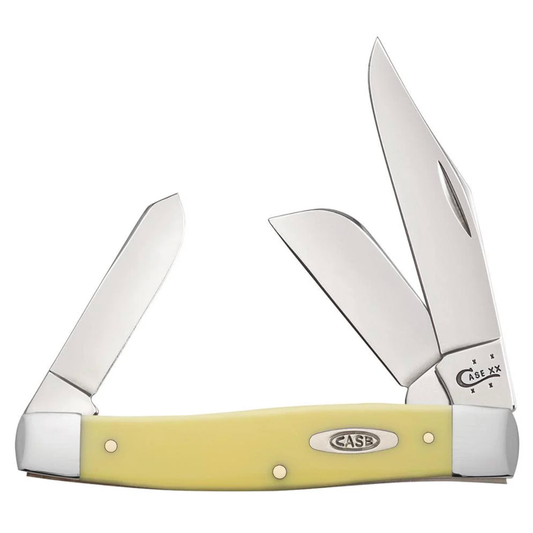 Three-pronged knife with yellow handle and silver blades on a white background