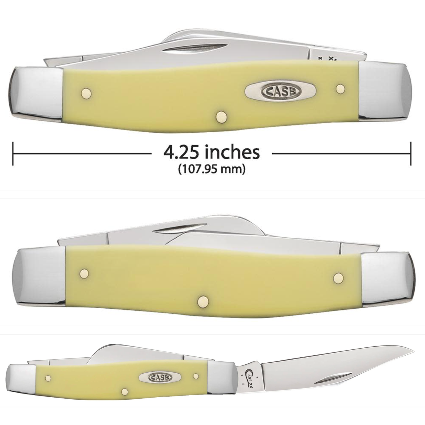 Foldable knife with yellow handle and Casp brand logo, shown open and closed with measurements.