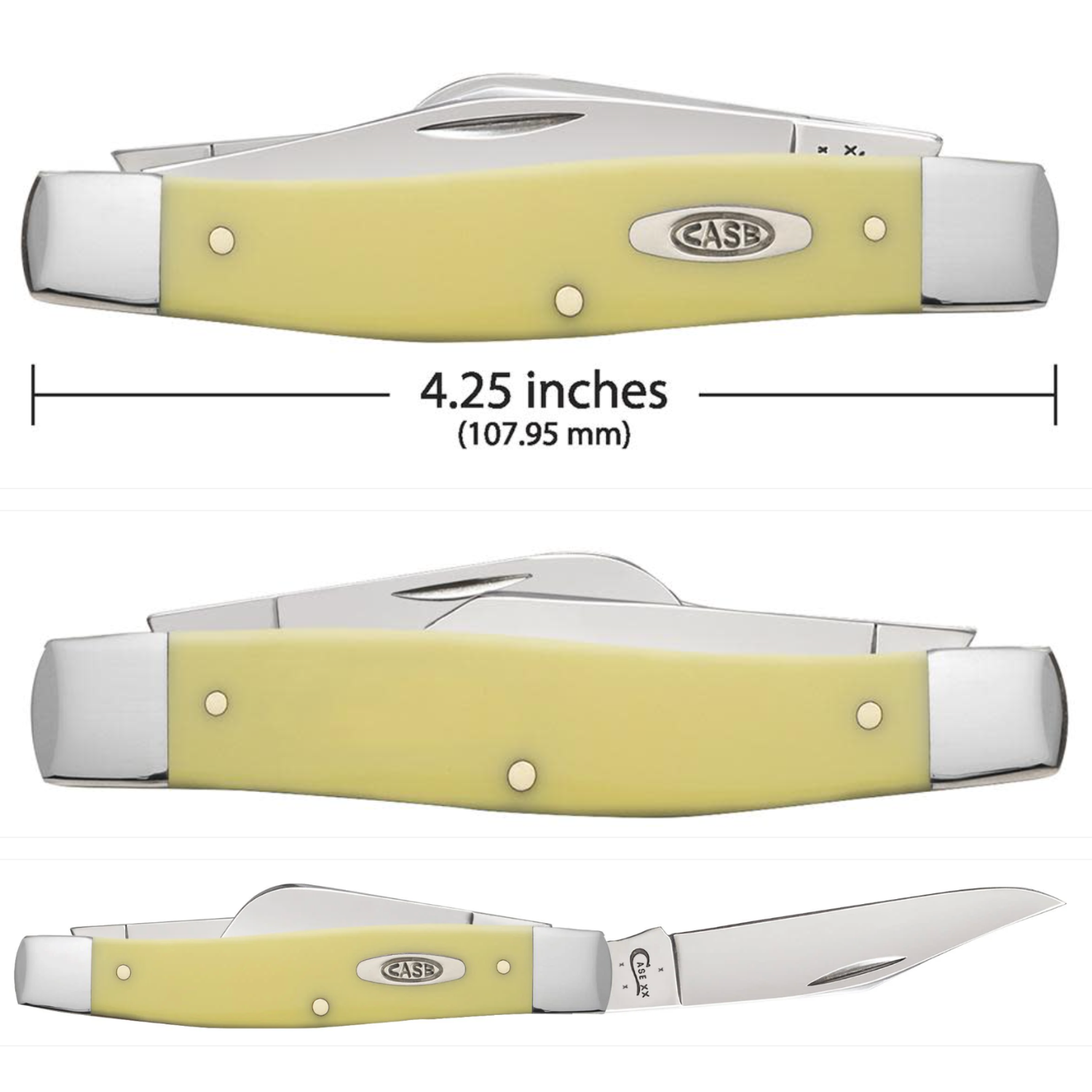 Foldable knife with yellow handle and Casp brand logo, shown open and closed with measurements.