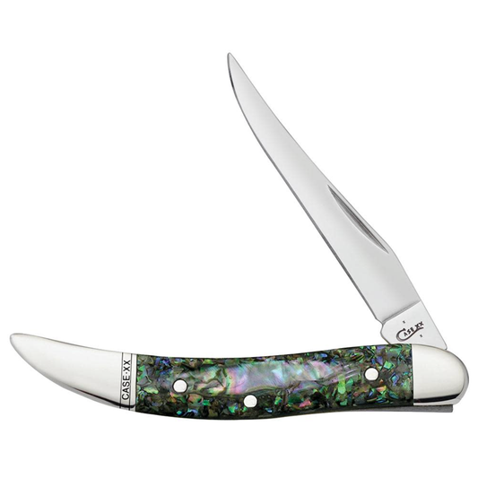 Case knife with abalone shell handle on a white background