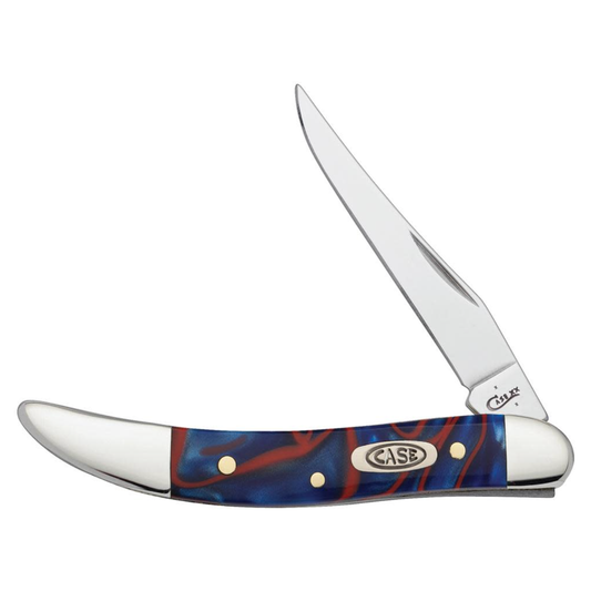 Case knife with blue and red handle on a white background