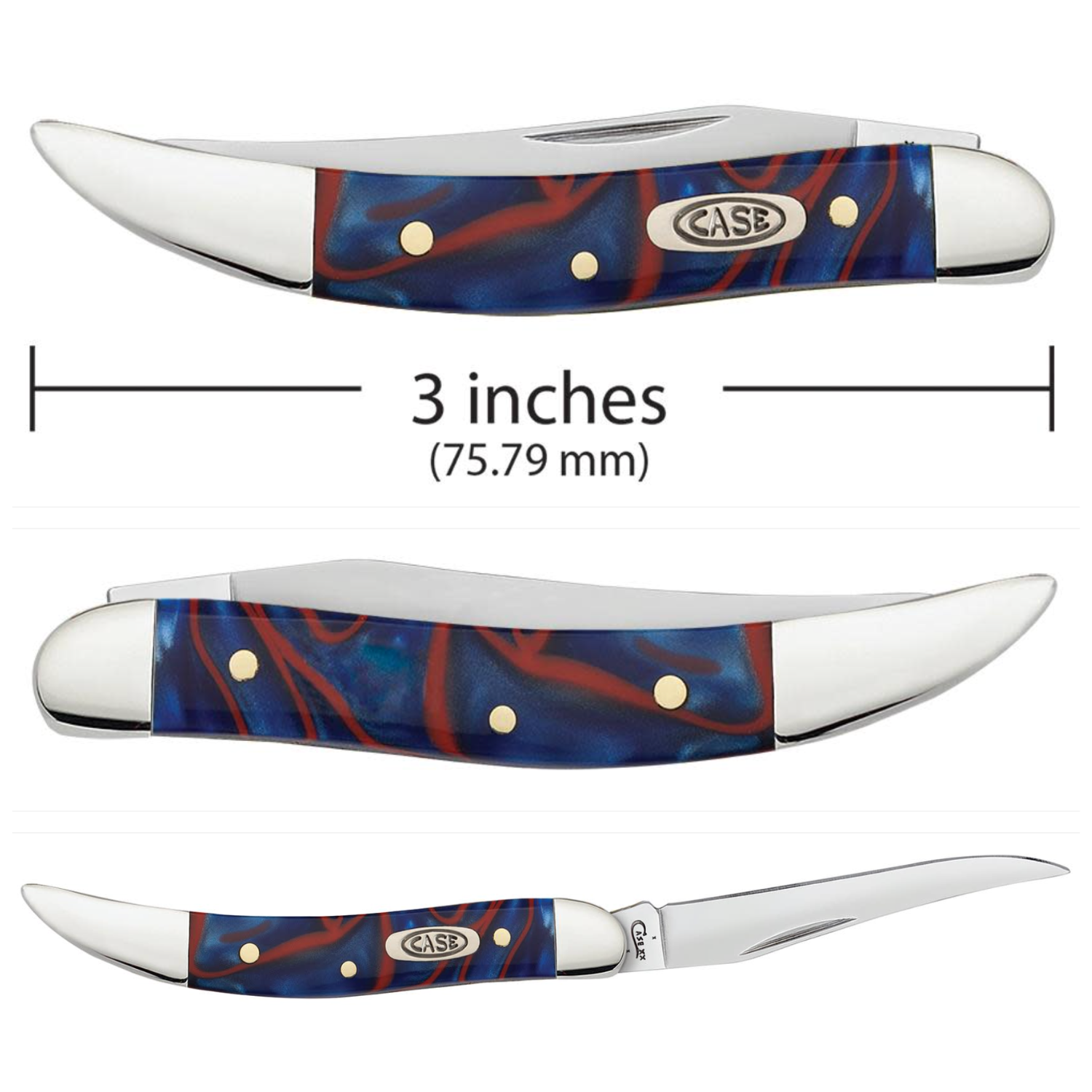Case knife with blue and red patterned handle and measurements on a white background