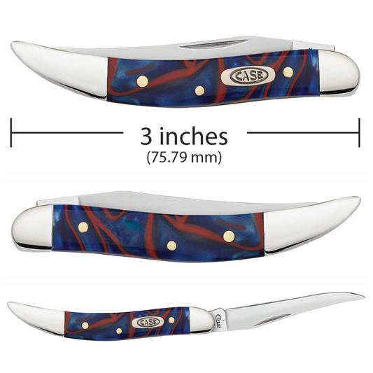 Case knife with blue and red patterned handle and measurements on a white background