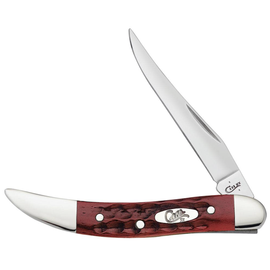 Lockback pocket knife with a red hilt on a white background