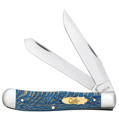 Trapper knife with blue and gold handle on a white background