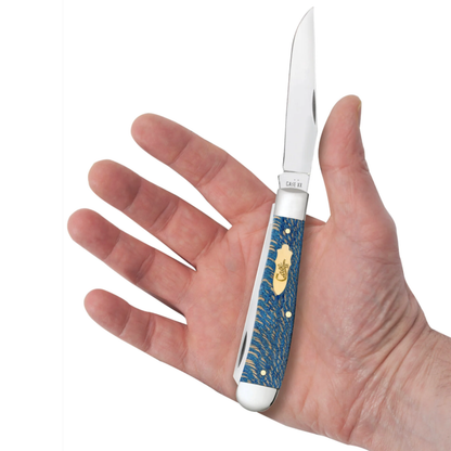 Knife with blue handle held in a hand against a white background
