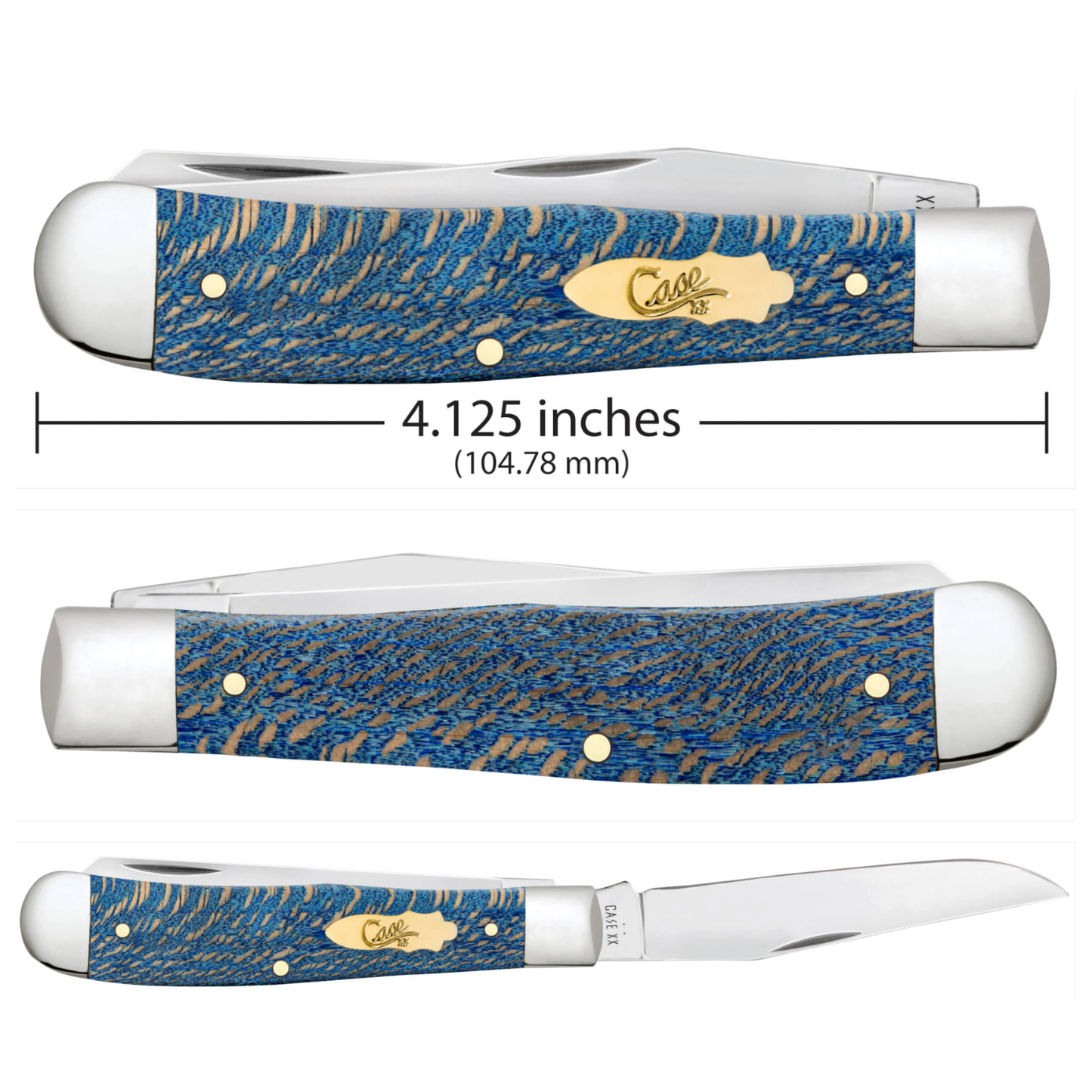 Case knife with blue and gold handle and measurements displayed