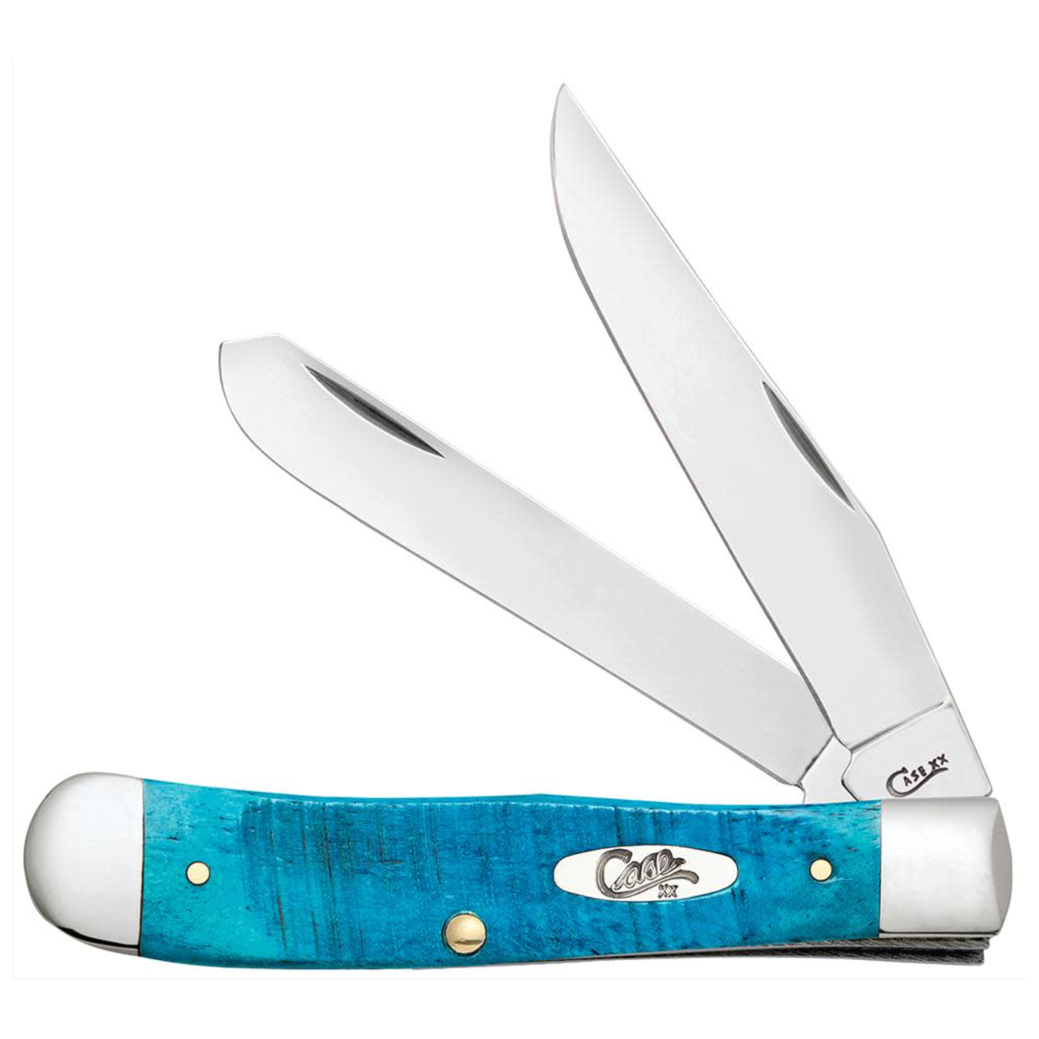 Trapper knife with blue handle and silver blade on a white background