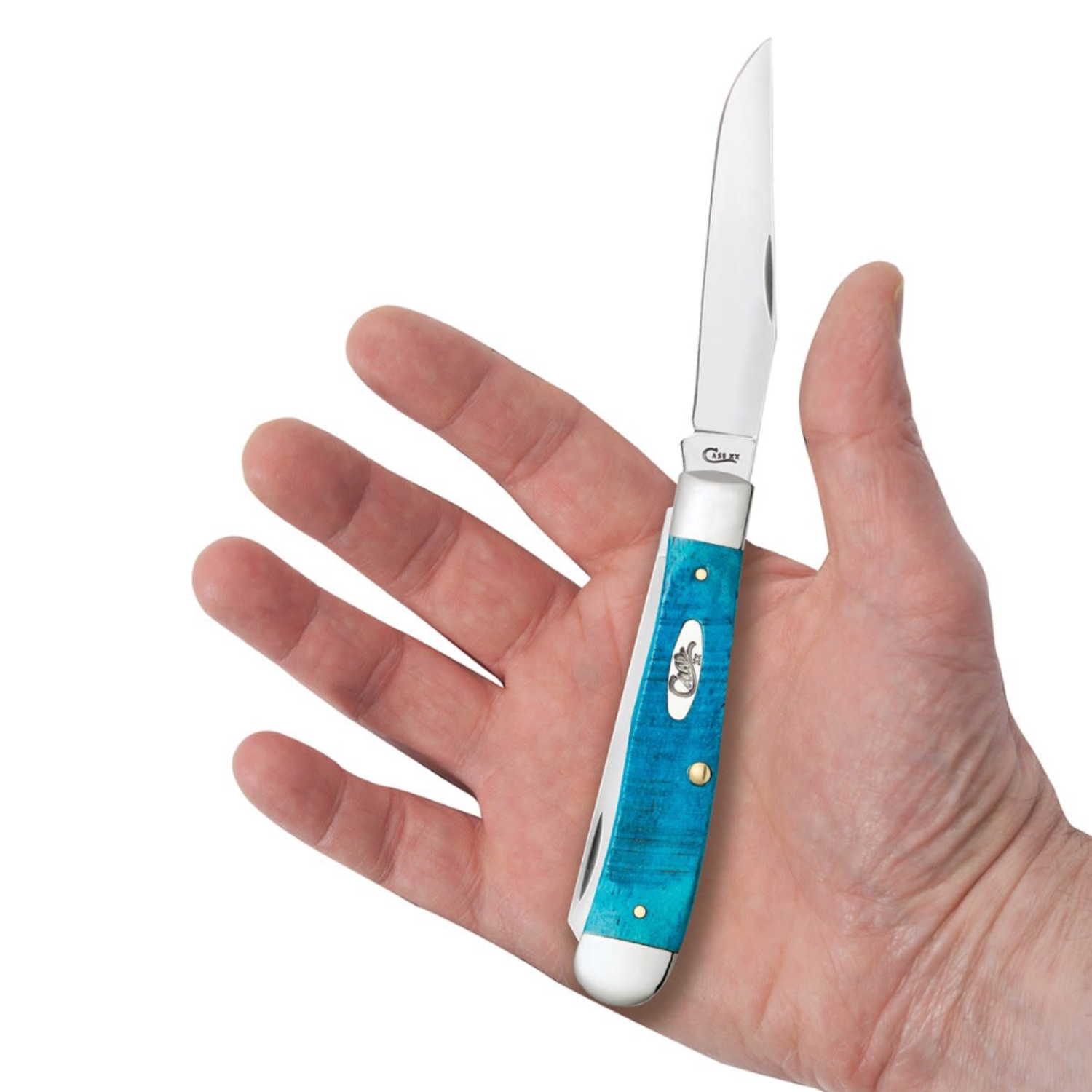 Knife with blue handle held in a hand against a white background