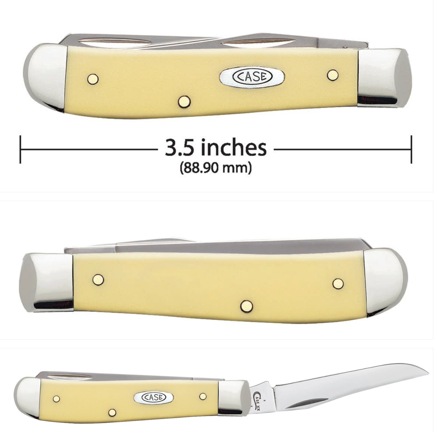Case knife with measurements on a white background