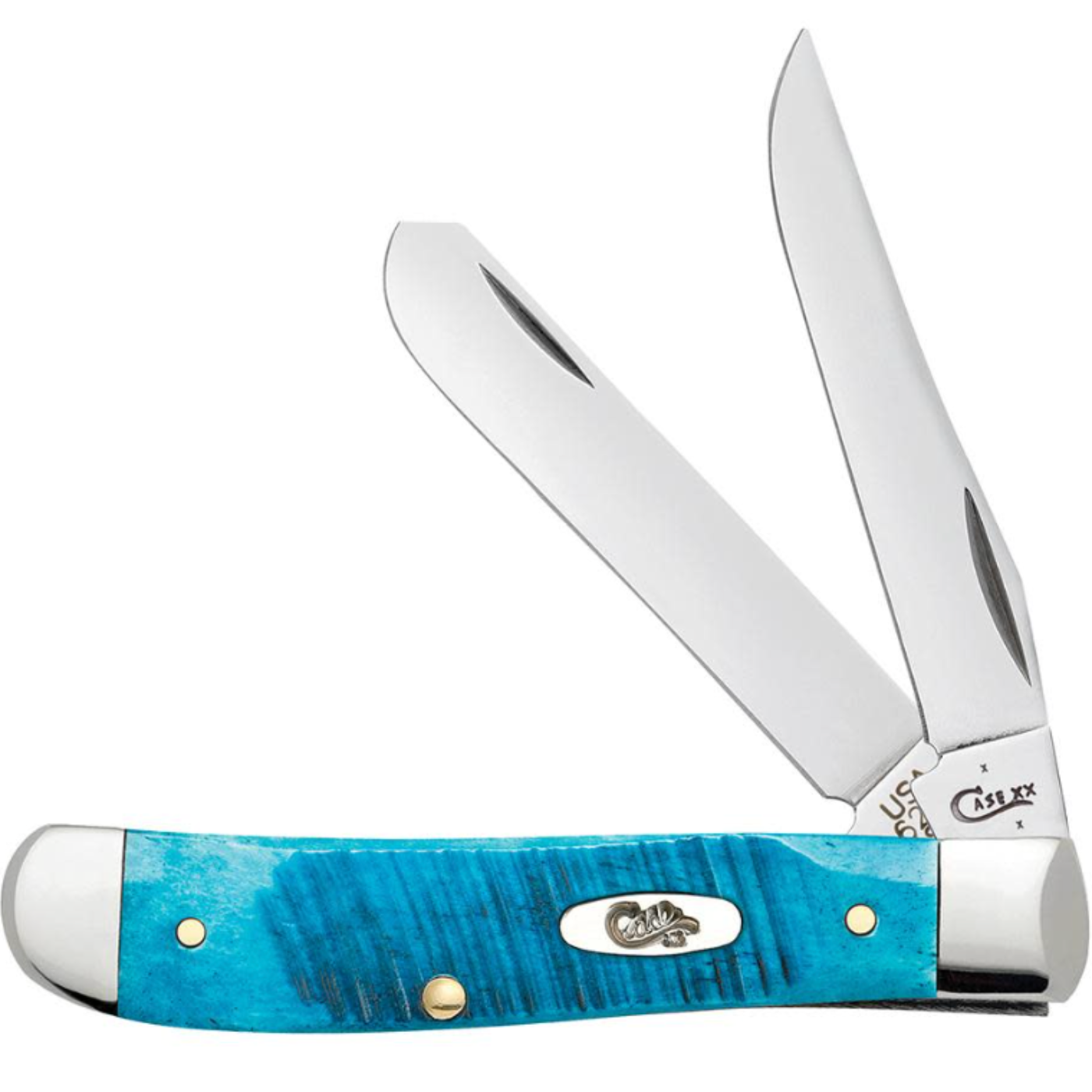 Trapper knife with blue handle and silver blade on a white background