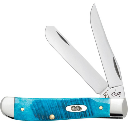 Trapper knife with blue handle and silver blade on a white background