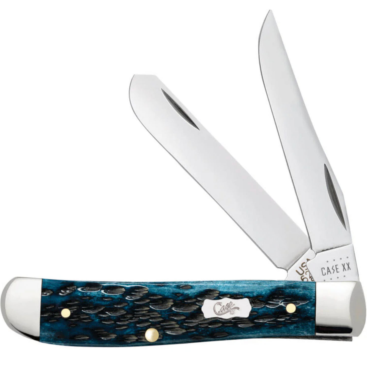 Case XX knife with blue and black handle on a white background