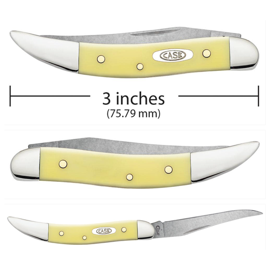 Three yellow-handled knives with silver blades on a white background, showing measurement details.