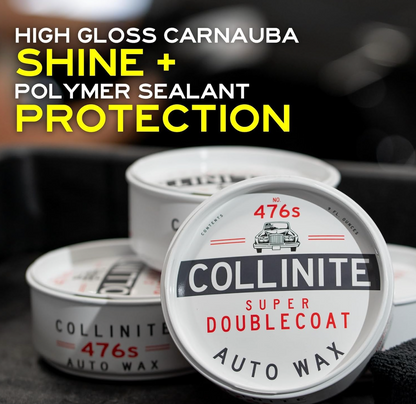 Collinite Super Doublecoat auto wax with text highlighting shine and protection features.