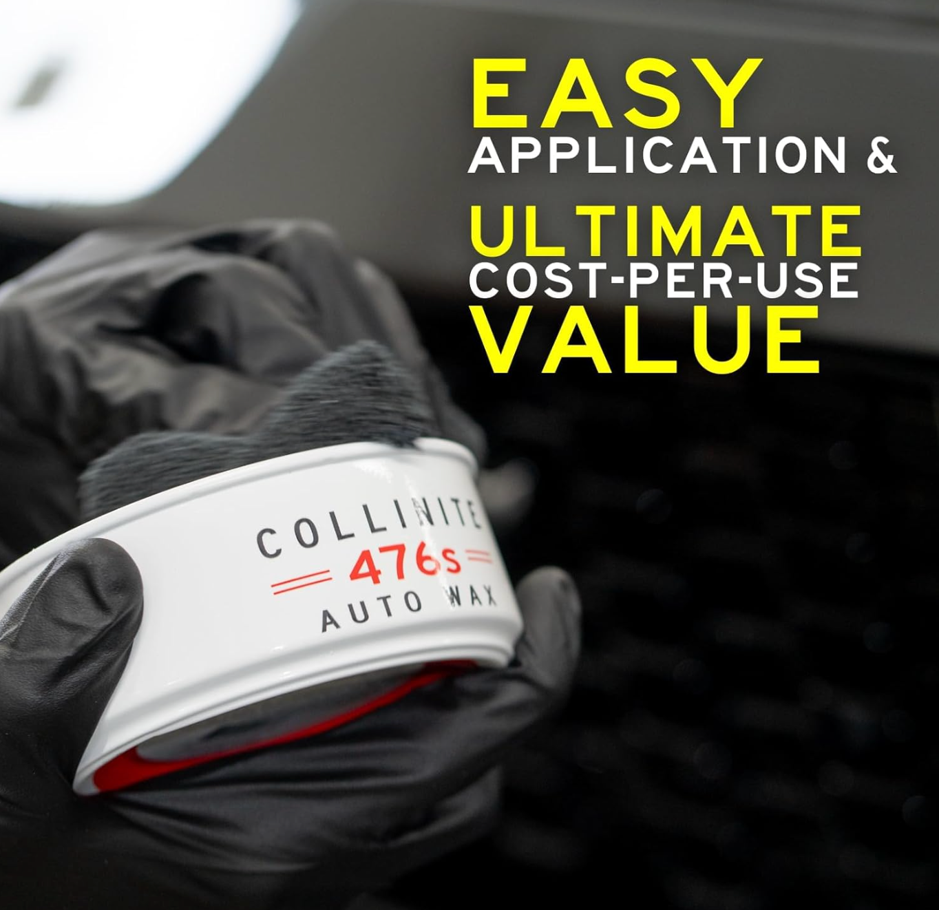 Collinite 476s auto wax container held by a gloved hand with promotional text.