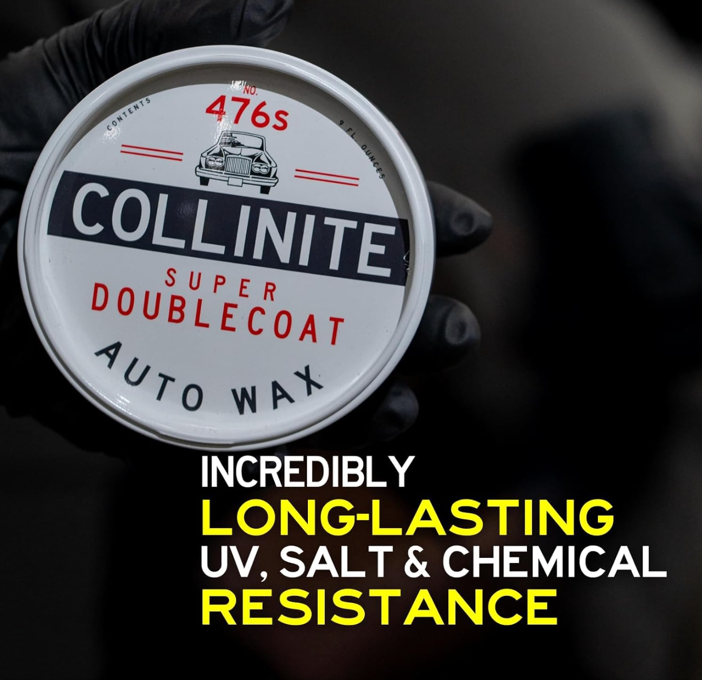 Collinite Super Doublecoat Auto Wax container held by a gloved hand with text about product features.