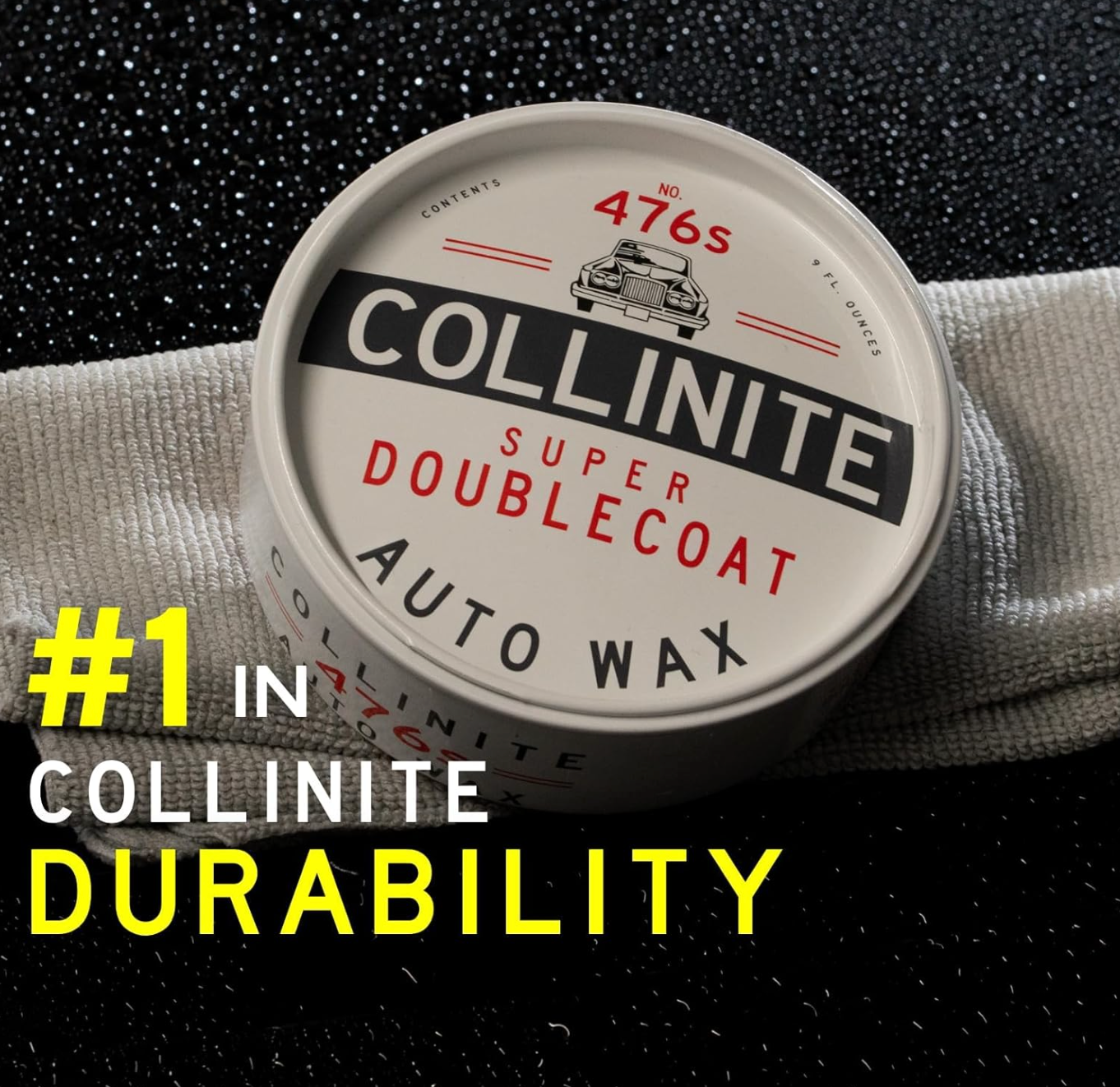 Collinite Super Doublecoat Auto Wax container with a black background