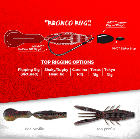 Bronco Bug fishing lure with rigging options on a red background
