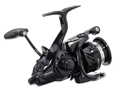 Black fishing reel on a white background