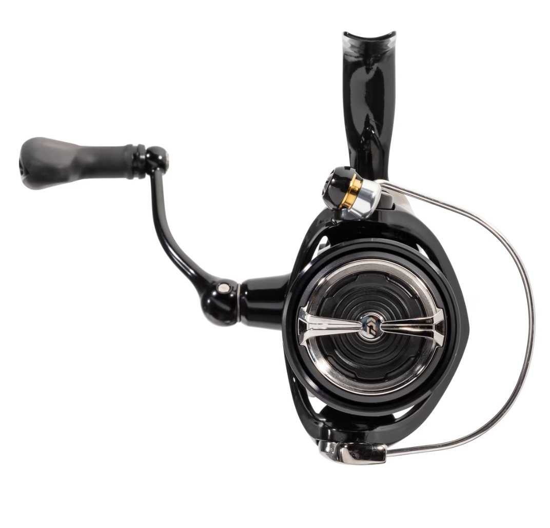 Black fishing reel on a white background