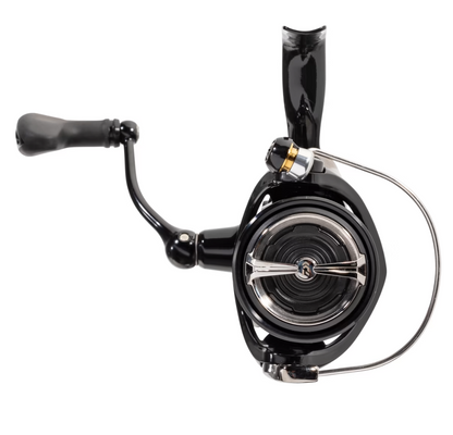 Black fishing reel on a white background