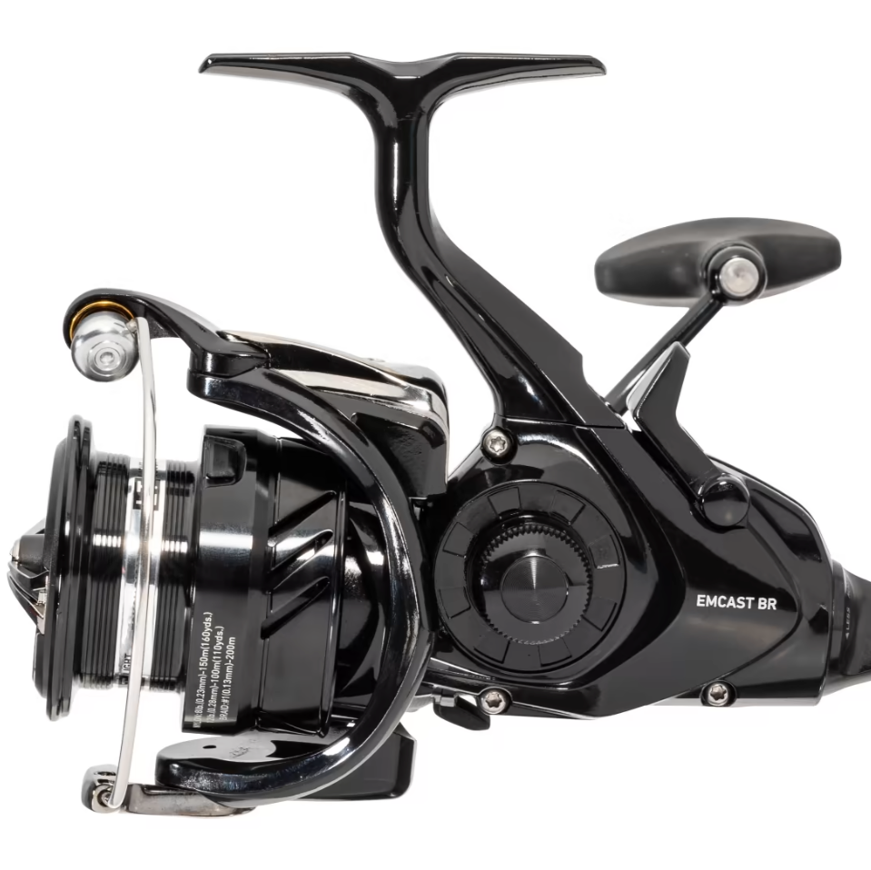 Black fishing reel on a white background