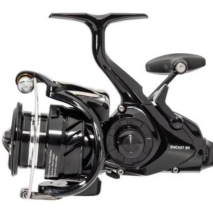 Black fishing reel on a white background