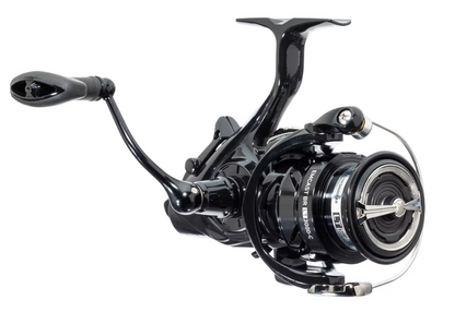 Black fishing reel on a white background