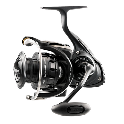 Fishing reel with visible brand logo on a white background
