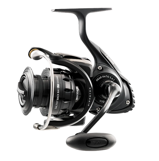 Fishing reel with visible brand logo on a white background