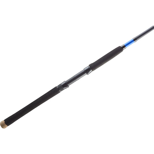 Fishing rod with black and blue handle on a white background