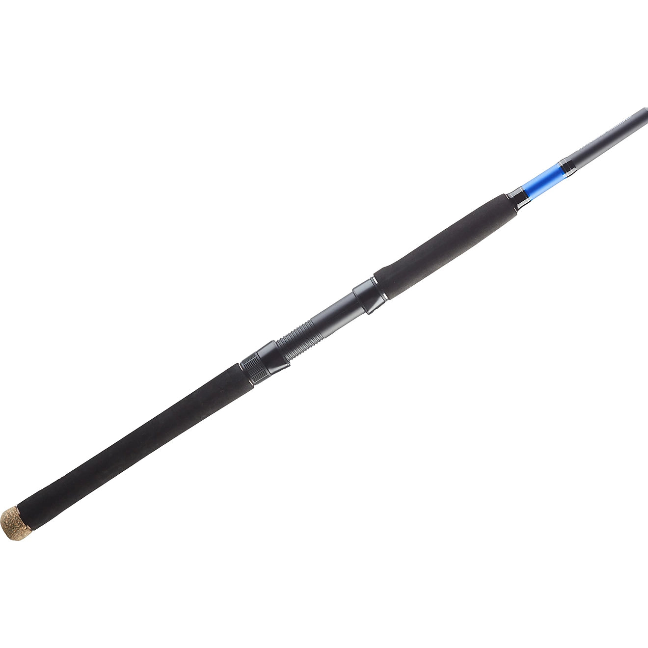 Fishing rod with black and blue handle on a white background