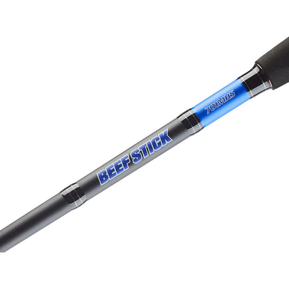 Fishing rod with black and blue handle on a white background