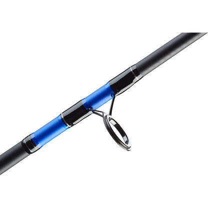 Fishing rod with black and blue handle on a white background