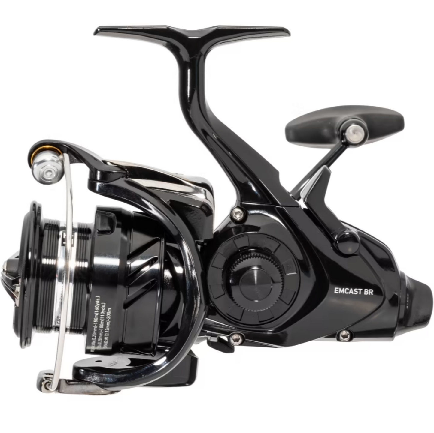 Black fishing reel with 'Emcast BR' branding on a white background