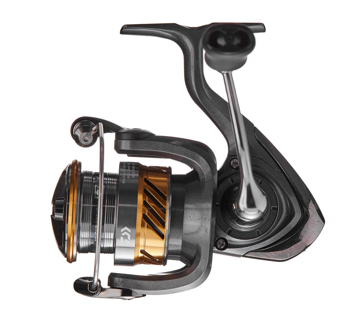 Fishing reel with metallic finish on a white background
