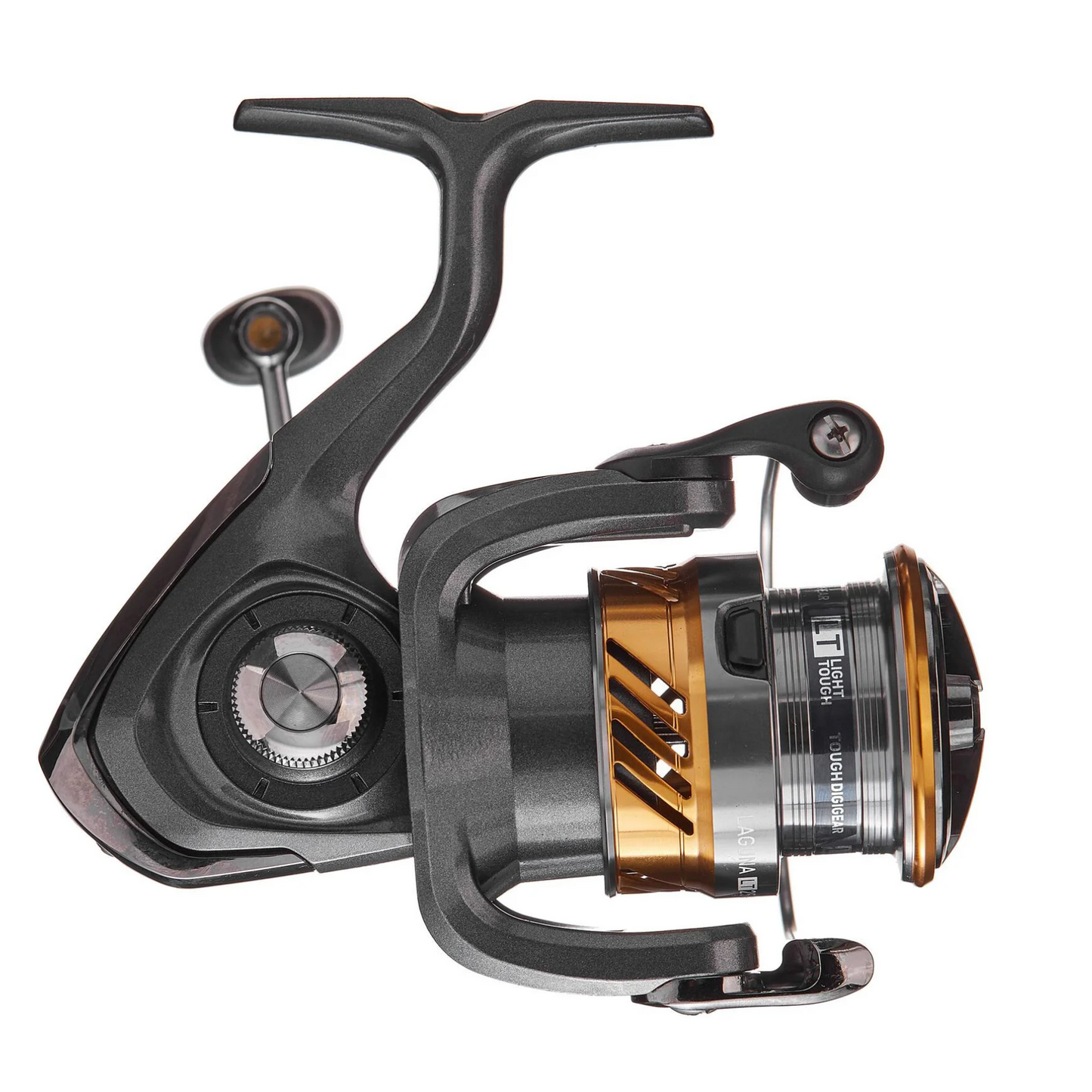 Fishing reel with metallic finish on a white background