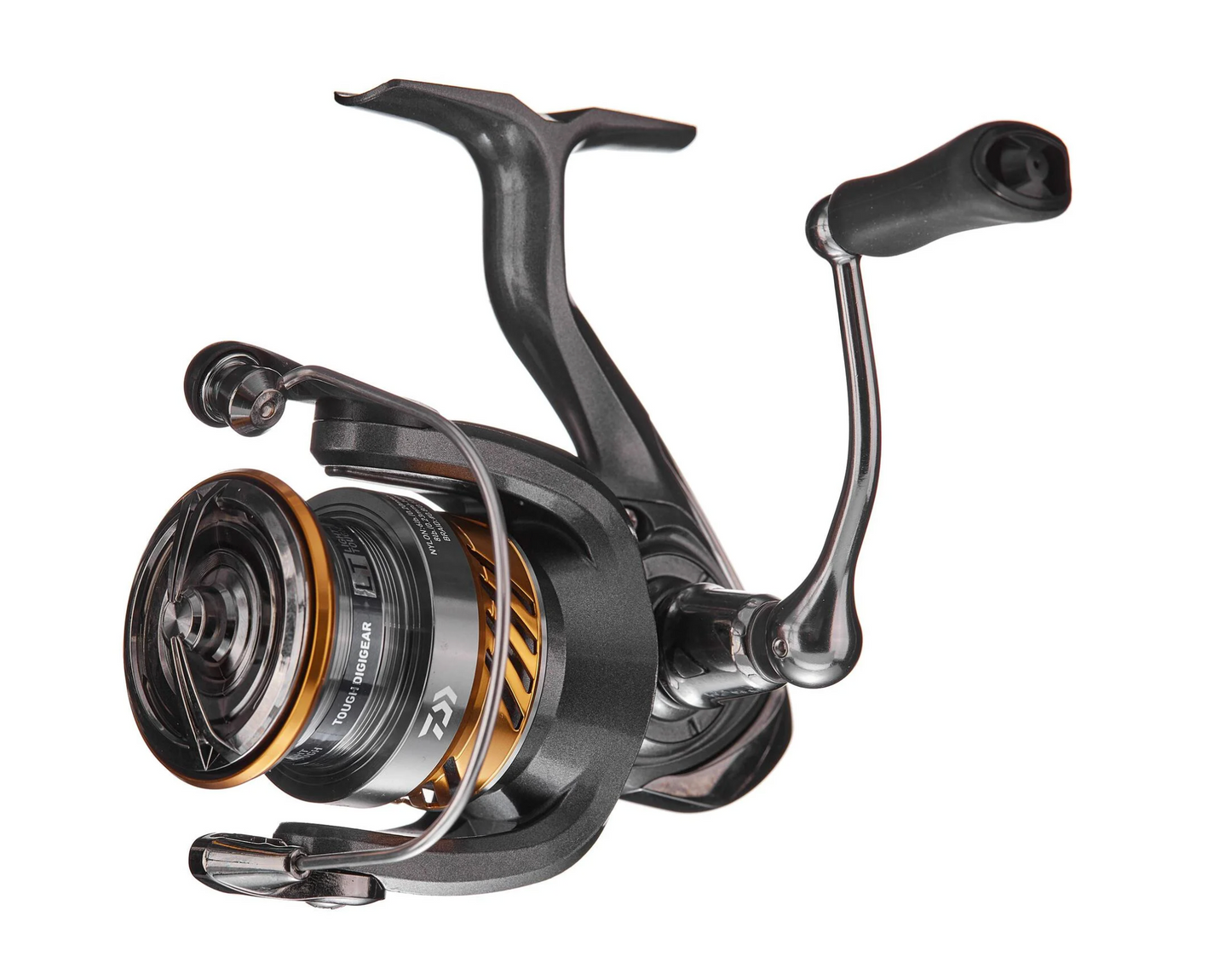 Fishing reel with metallic finish on a white background