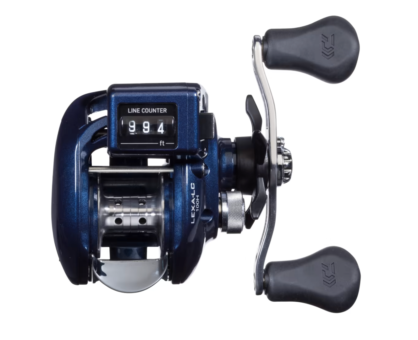 Blue fishing reel with digital line counter on a white background