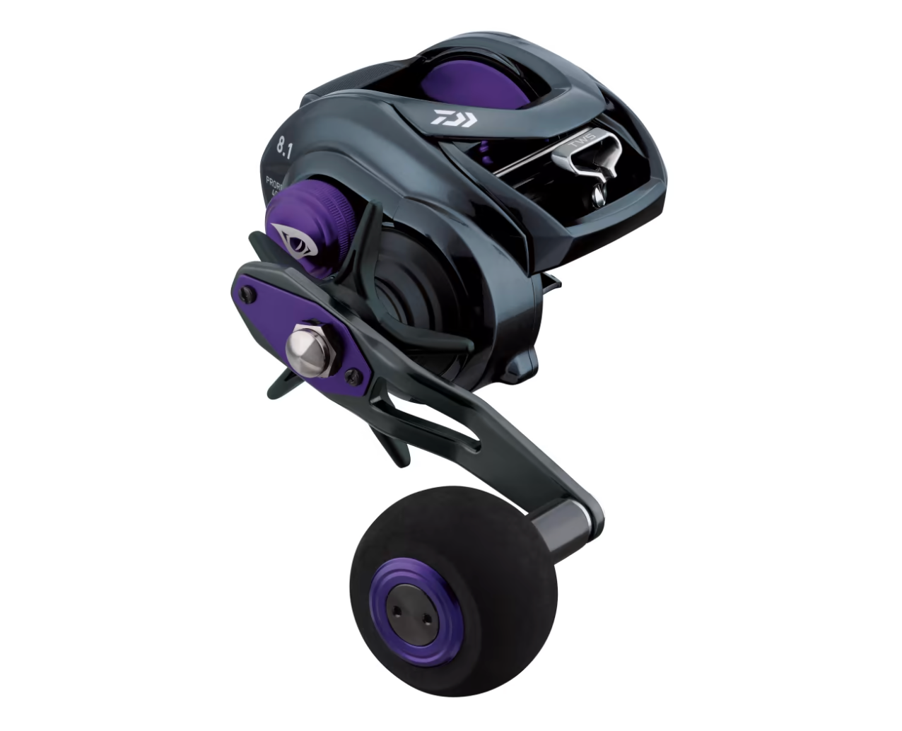 Fishing reel with purple accents on a white background