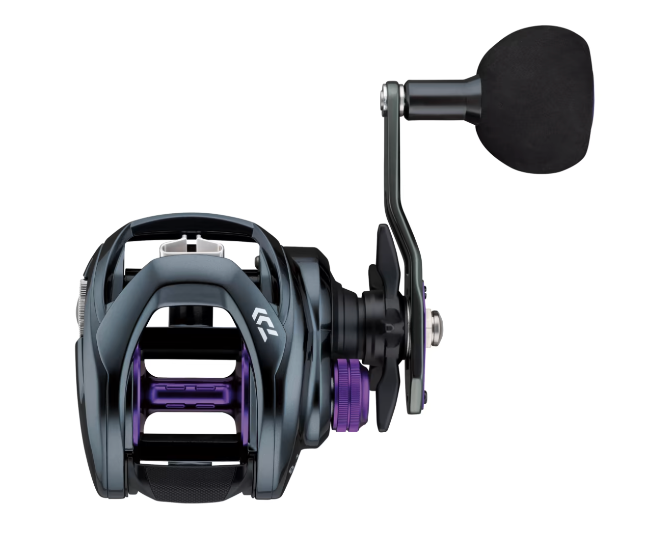 Fishing reel with purple accents on a white background