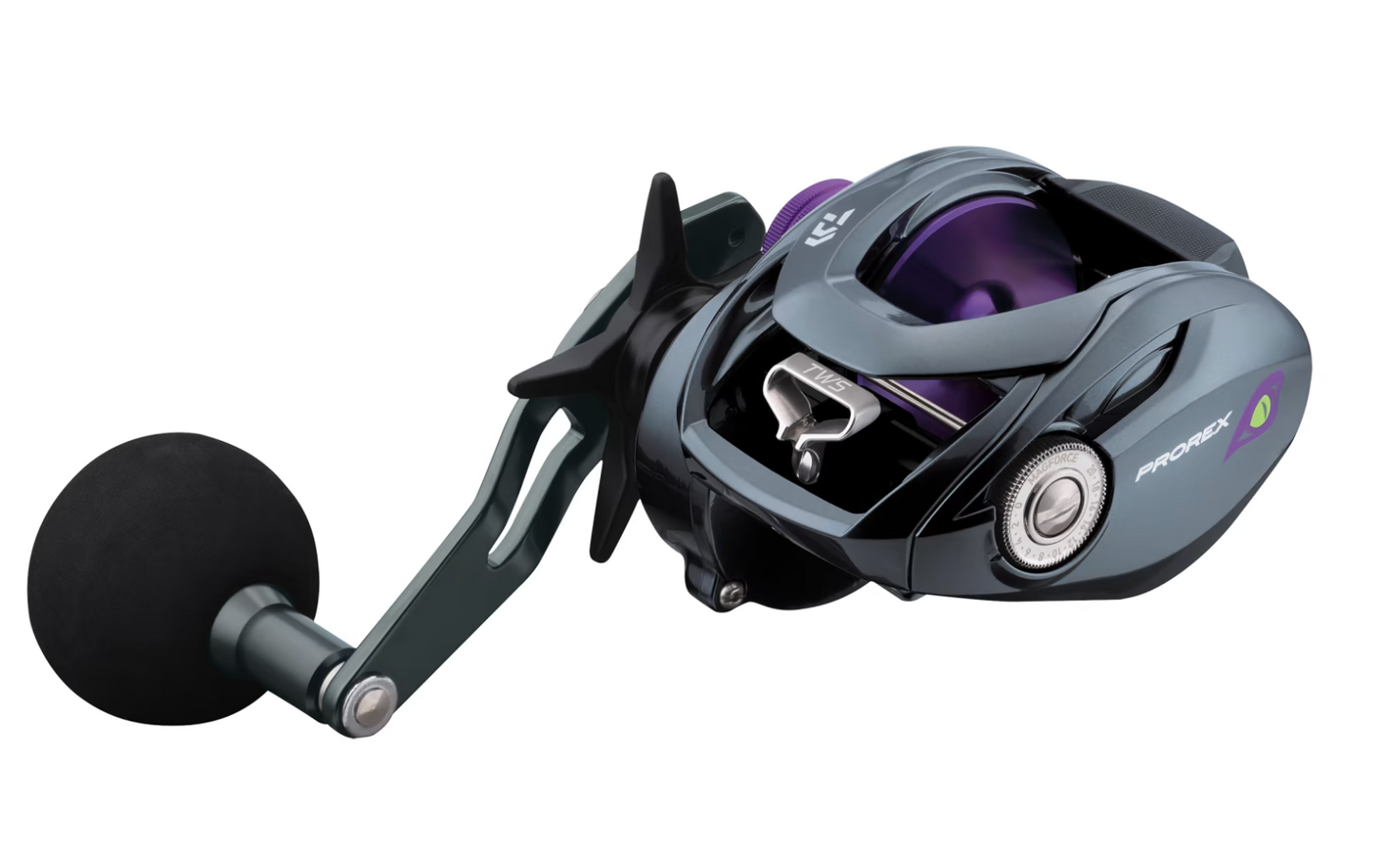 Fishing reel with purple accents on a white background