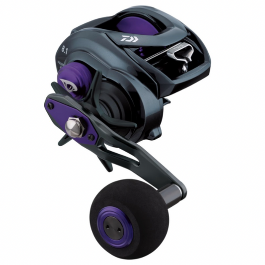 Fishing reel with purple accents on a white background
