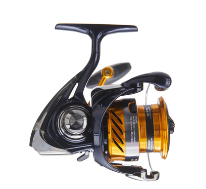 Fishing reel with gold and black design on a white background