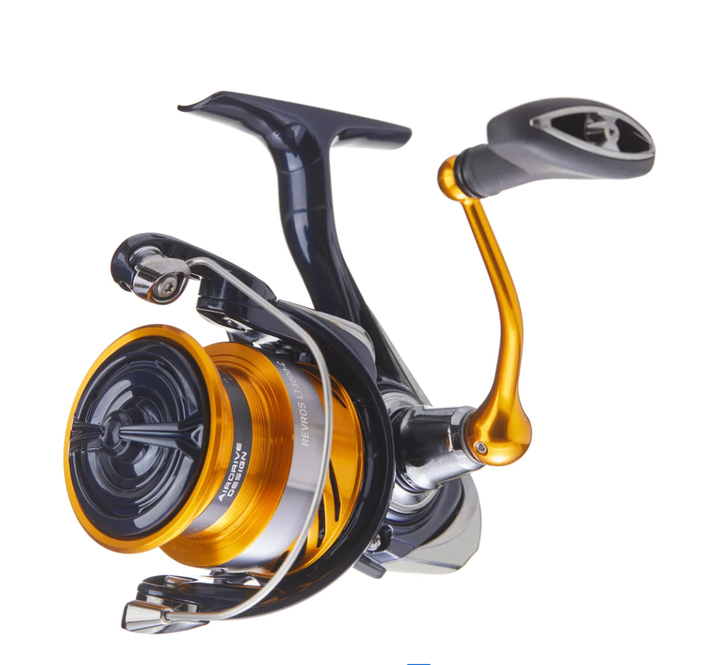 Fishing reel with gold and black design on a white background