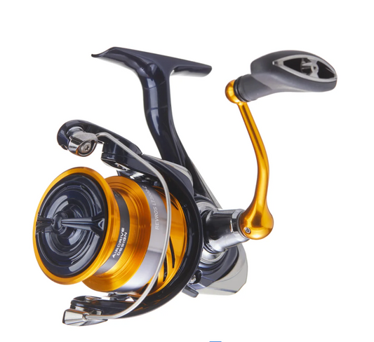 Fishing reel with gold and black design on a white background